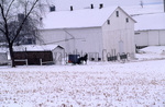 White barn and buggy in snow by Dennis L. Hughes